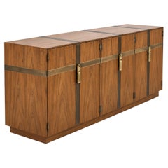 Mid-Century Modern Brass Bound Walnut Credenza / Sideboard By Heritage