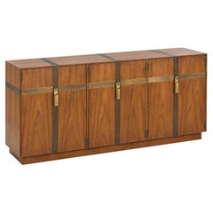 Mid-Century Modern Brass Bound Walnut Credenza / Sideboard By Heritage