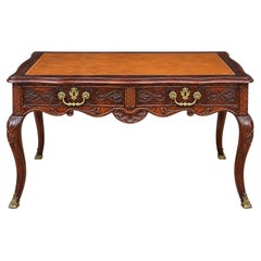 18th-C. French Louis XV Style Carved Oak Tooled Leather & Bronze Writing Desk