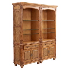 Regency Style Faux Bamboo Fruitwood Bookcase Cabinets - Pair