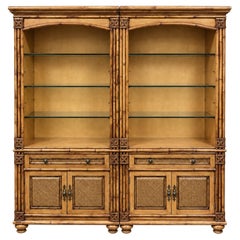Regency Style Faux Bamboo Fruitwood Bookcase Cabinets - Pair