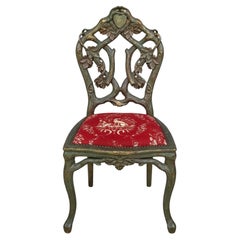 19th-C. French Green Painted Black Forest Carved Side Chair In Dog Toile Linen
