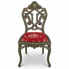 19th-C. French Green Painted Black Forest Carved Side Chair In Dog Toile Linen
