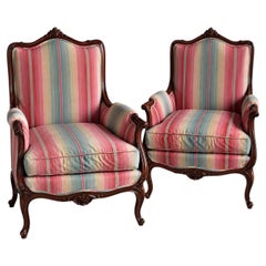 Mid-Century French Style Carved Mahogany Arm Chairs W/ Down Cushions - Pair