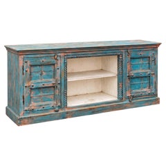 19th-C. Rustic Primitive Farmhouse Modern Blue Painted Credenza / Cabinet