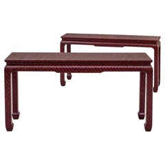 Asian Modern Grasscloth Wrapped Ming Style Console Tables Att. Baker Furn. -Pair