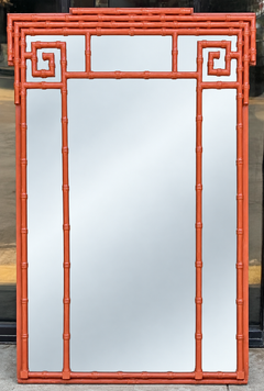 Mid-Century Hollywood Regency Faux Bamboo Greek Key Form Mirror- Burnt Orange
