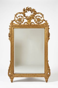 19th-C. French Louis XIV Style Carved Giltwood Mirror With Birds & Laurel