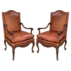 Hickory Chair Pearson French Louis XIV Style Walnut & Leather Arm Chairs - Pair