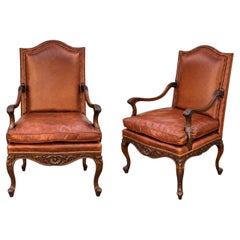 Hickory Chair Pearson French Louis XIV Style Walnut & Leather Arm Chairs - Pair