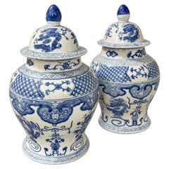 Mid-Century Chinese Export Blue And White Ceramic Pottery Ginger Jars - Pair