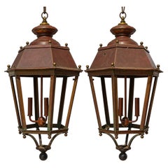 Mid-Century French Large Scale Copper , Cast Iron & Brass Lanterns - Pair