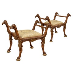 Italian Regency Style Carved Fruitwood Camel Form Ottomans / Benches - Pair
