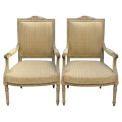 Antique French Carved Fruitwood Louis XVI Style Bergere In Neutral Linen - Pair