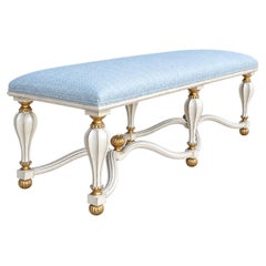 Italian Rococo Style Giltwood & Painted Blue & White Six Leg Bench / Ottoman