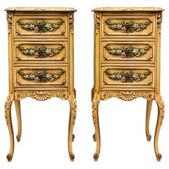 Victorian Cottage Style Marble Top Chests Side Tables W/ Floral Barbola - Pair