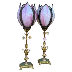 French Neo-classical Gilt Bronze Vanity Table Lamps W/ Slag Glass Shades - Pair
