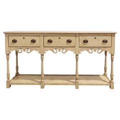 Table console, buffet ou crédence de style anglais rustique, en chêne cérusé, du XIXe siècle