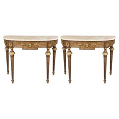 French Louis XVI Style Marble Top Painted Console Tables Decorative Crafts -Pair