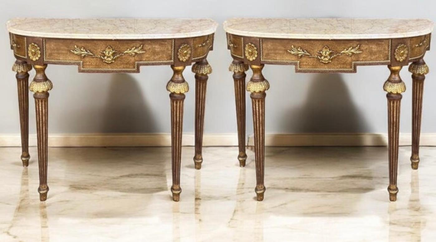 French Louis XVI Style Marble Top Painted Console Tables Decorative Crafts -Pair For Sale 3