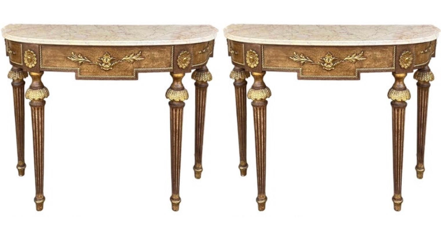French Louis XVI Style Marble Top Painted Console Tables Decorative Crafts -Pair For Sale 4