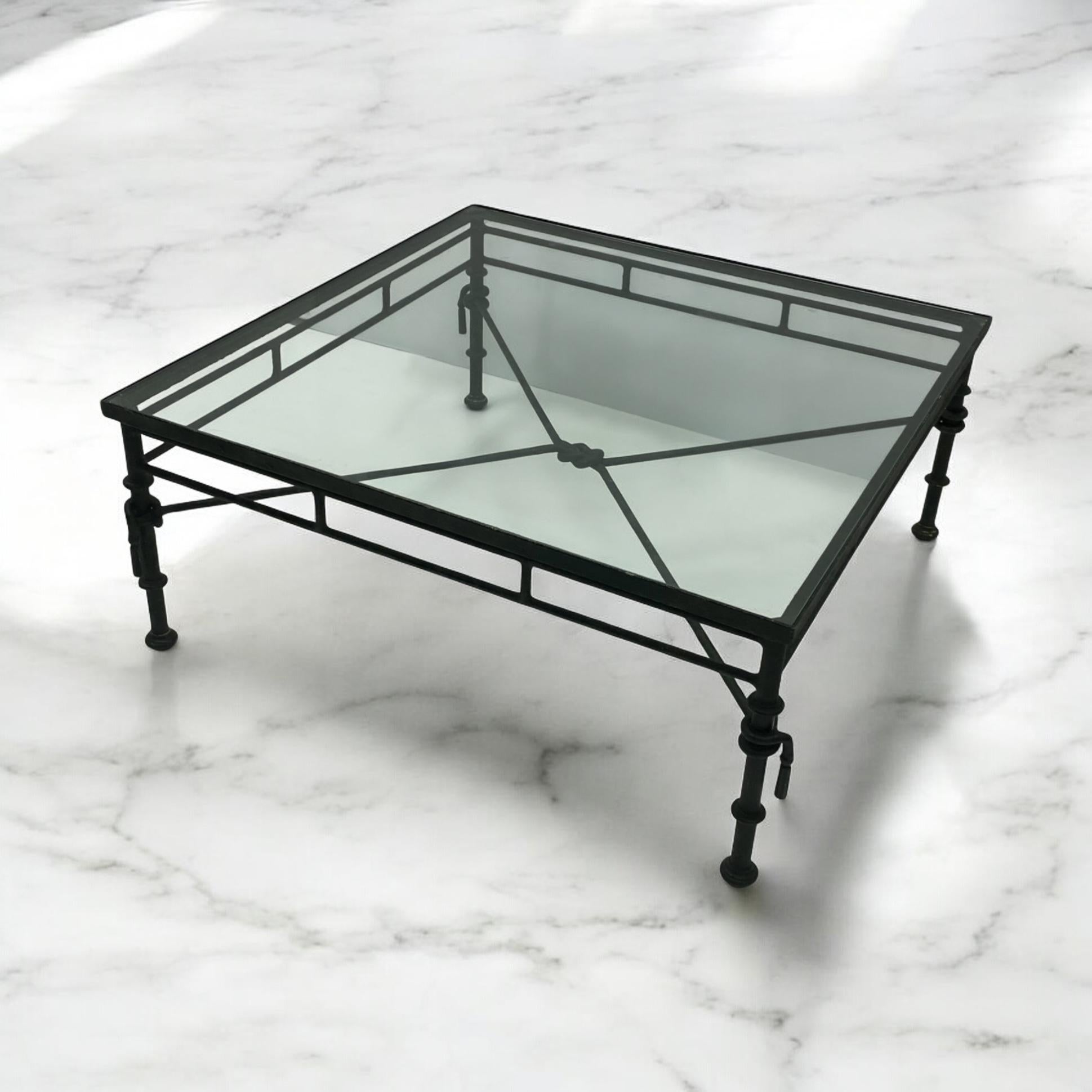 Organic Modern Giacometti Inspired Modern Rustic Sculpted Square Iron Coffee Table Glass Top For Sale