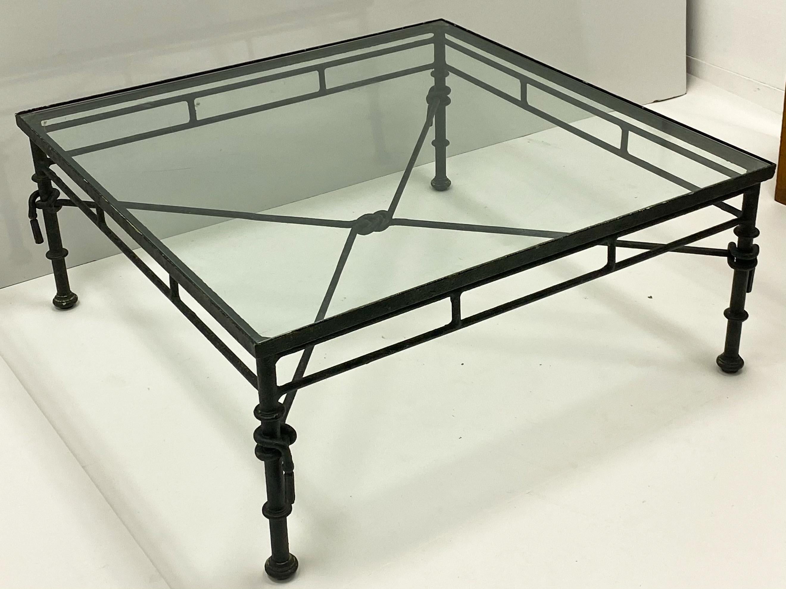 Italian Giacometti Inspired Modern Rustic Sculpted Square Iron Coffee Table Glass Top For Sale