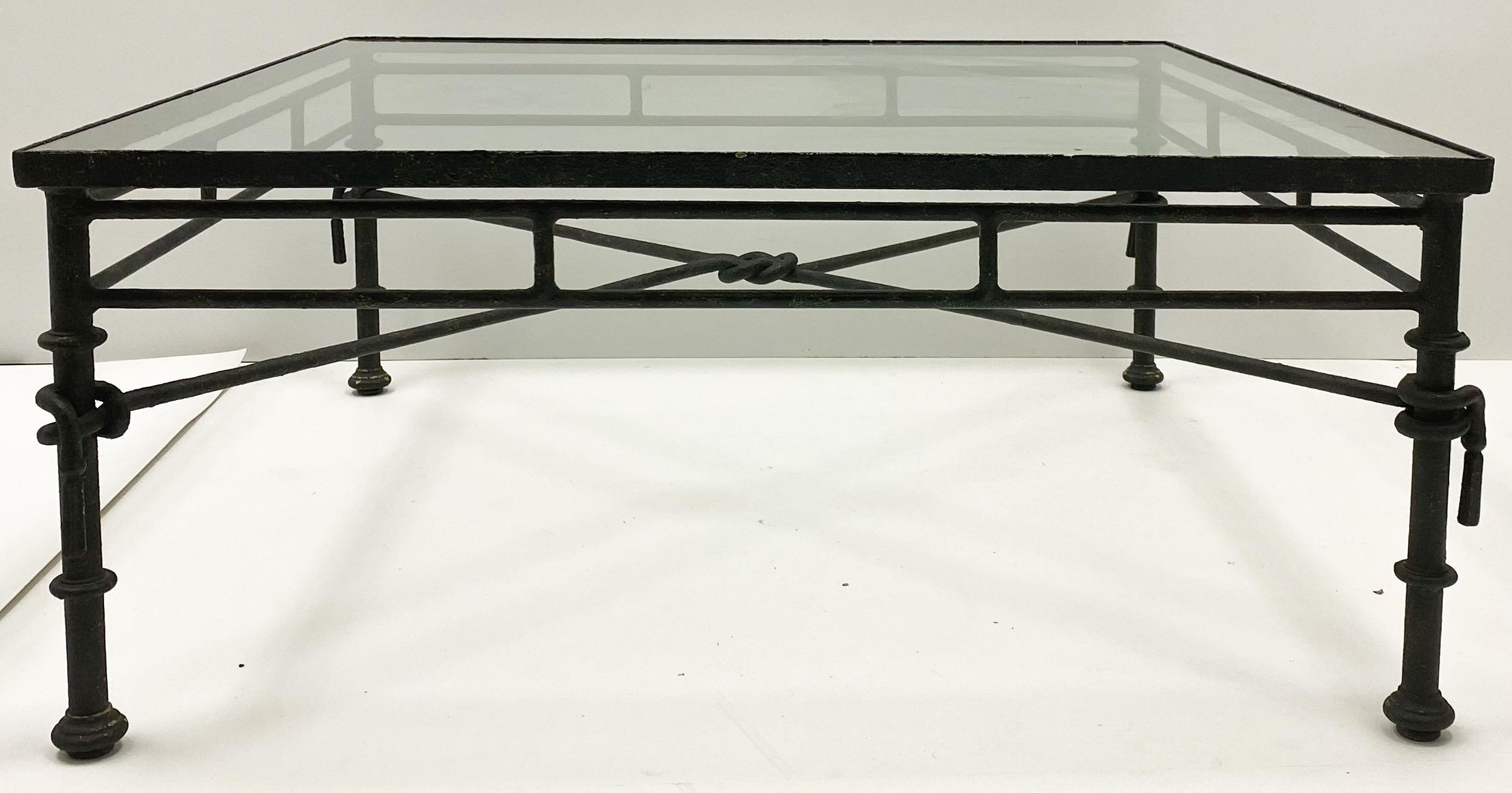 Giacometti Inspired Modern Rustic Sculpted Square Iron Coffee Table Glass Top In Good Condition For Sale In Kennesaw, GA