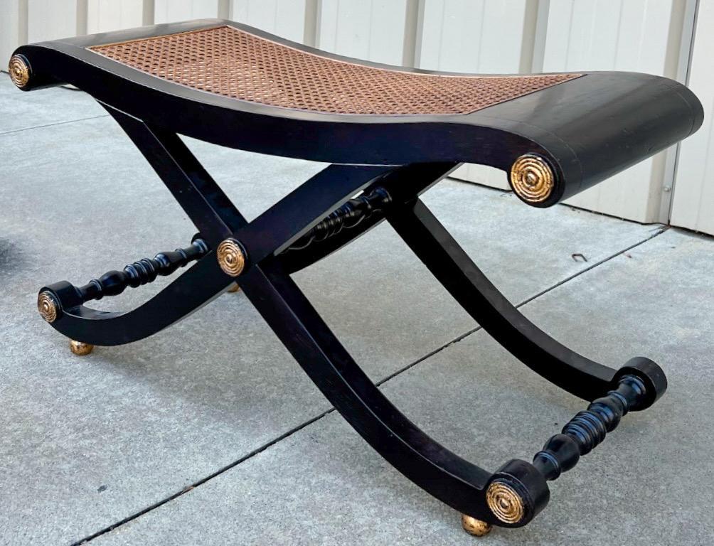 Neoclassical Neo-Classical Style Ebonized & Cane X-Base Bench / Ottoman By Baker Furniture For Sale