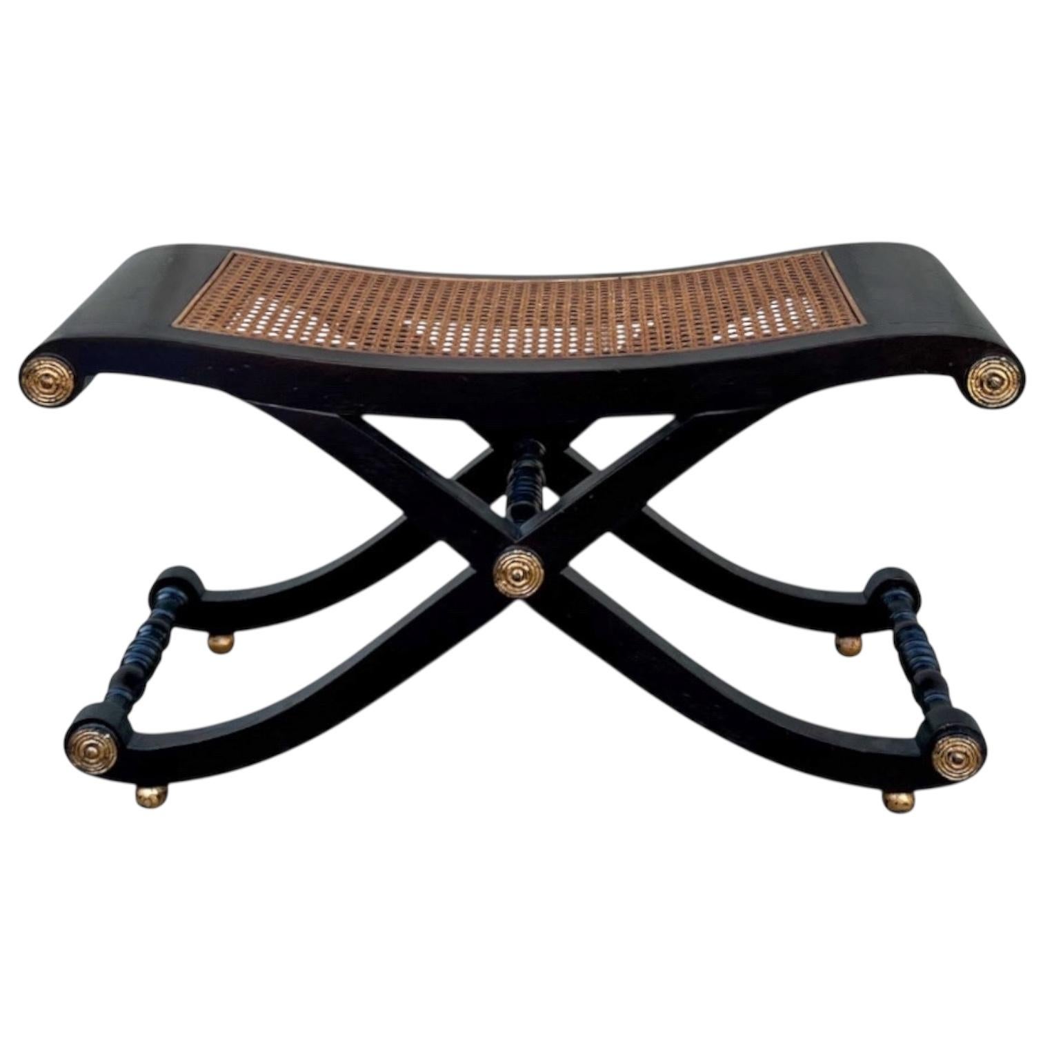 American Neo-Classical Style Ebonized & Cane X-Base Bench / Ottoman By Baker Furniture For Sale