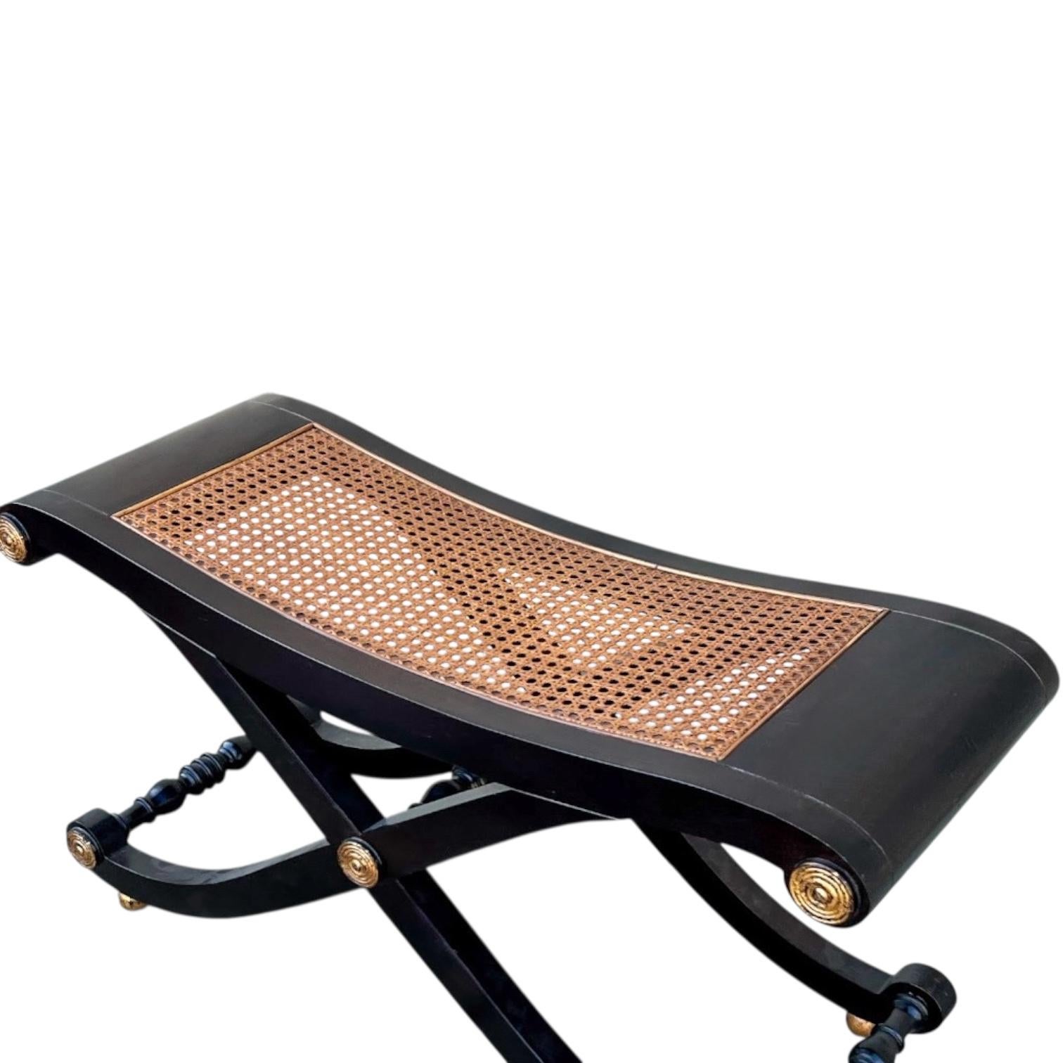 Neo-Classical Style Ebonized & Cane X-Base Bench / Ottoman By Baker Furniture In Good Condition For Sale In Kennesaw, GA