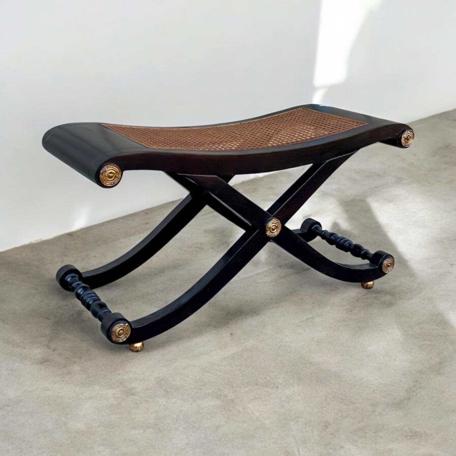 20th Century Neo-Classical Style Ebonized & Cane X-Base Bench / Ottoman By Baker Furniture For Sale