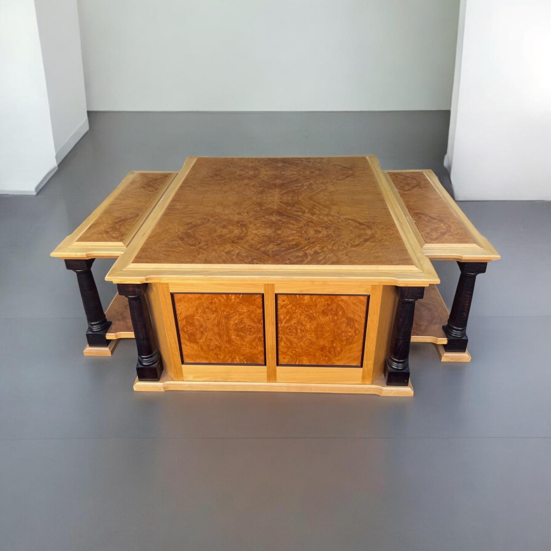 Neoclassical Neo-Classical Style Custom Chestnut Burl & Maple Coffee Table W/ Storage For Sale
