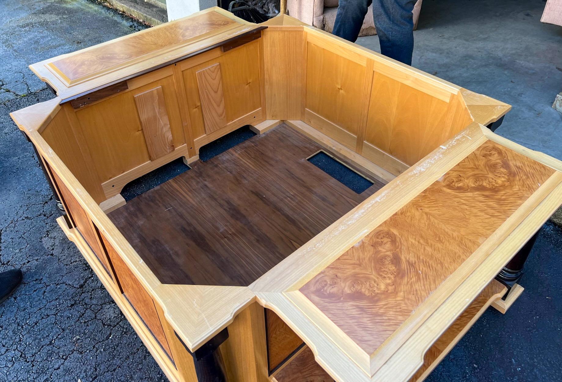 American Neo-Classical Style Custom Chestnut Burl & Maple Coffee Table W/ Storage For Sale