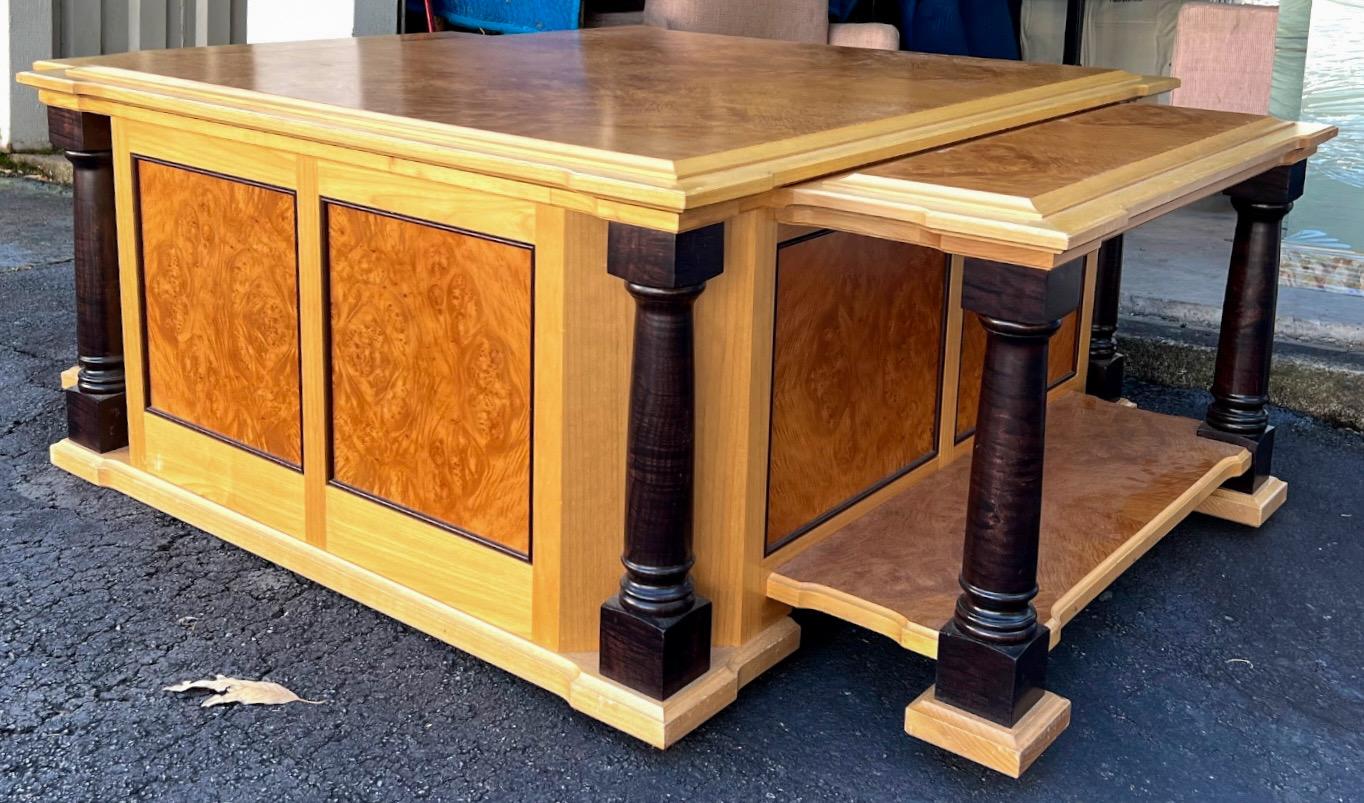 20th Century Neo-Classical Style Custom Chestnut Burl & Maple Coffee Table W/ Storage For Sale