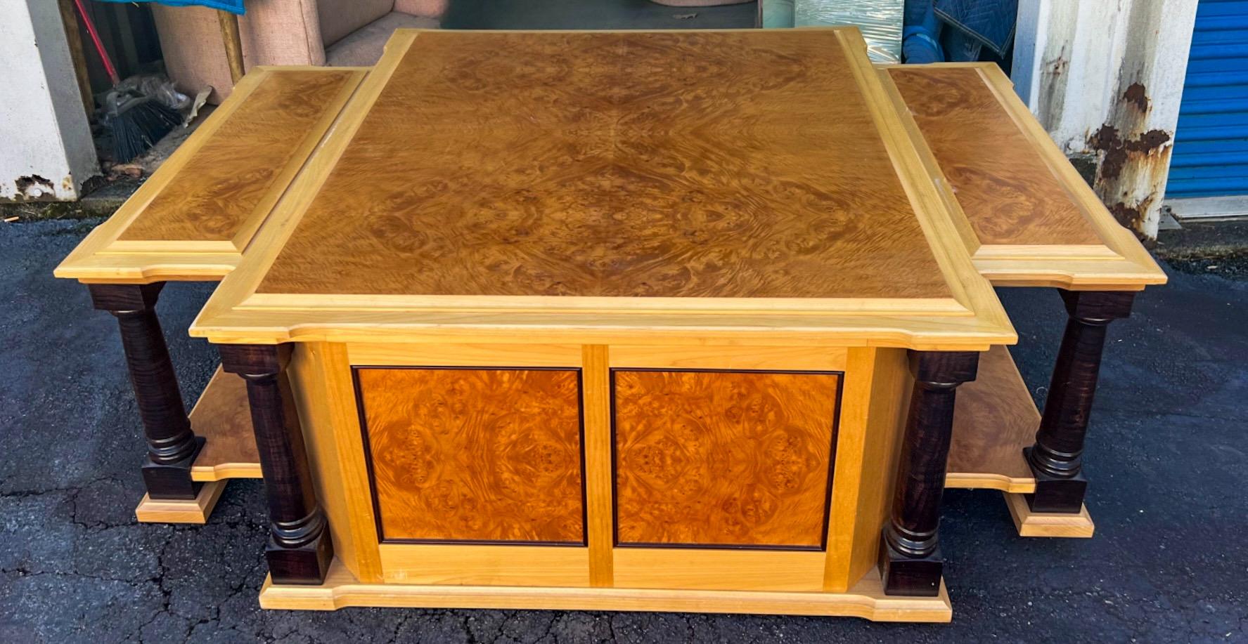 Neo-Classical Style Custom Chestnut Burl & Maple Coffee Table W/ Storage For Sale 1