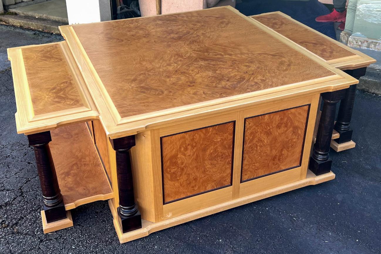 Neo-Classical Style Custom Chestnut Burl & Maple Coffee Table W/ Storage In Good Condition For Sale In Kennesaw, GA