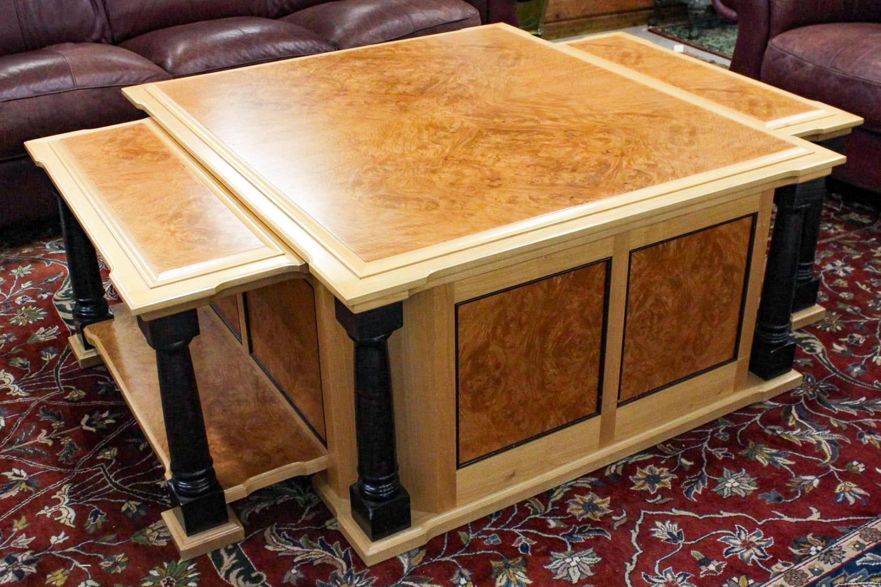 Neo-Classical Style Custom Chestnut Burl & Maple Coffee Table W/ Storage For Sale 3