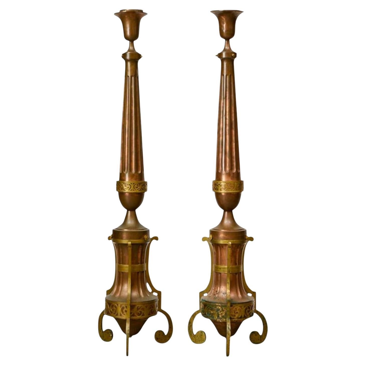 XIX sec. Torchiere italiane in rame e ottone / Lampade da terra / Piantane - Coppia
