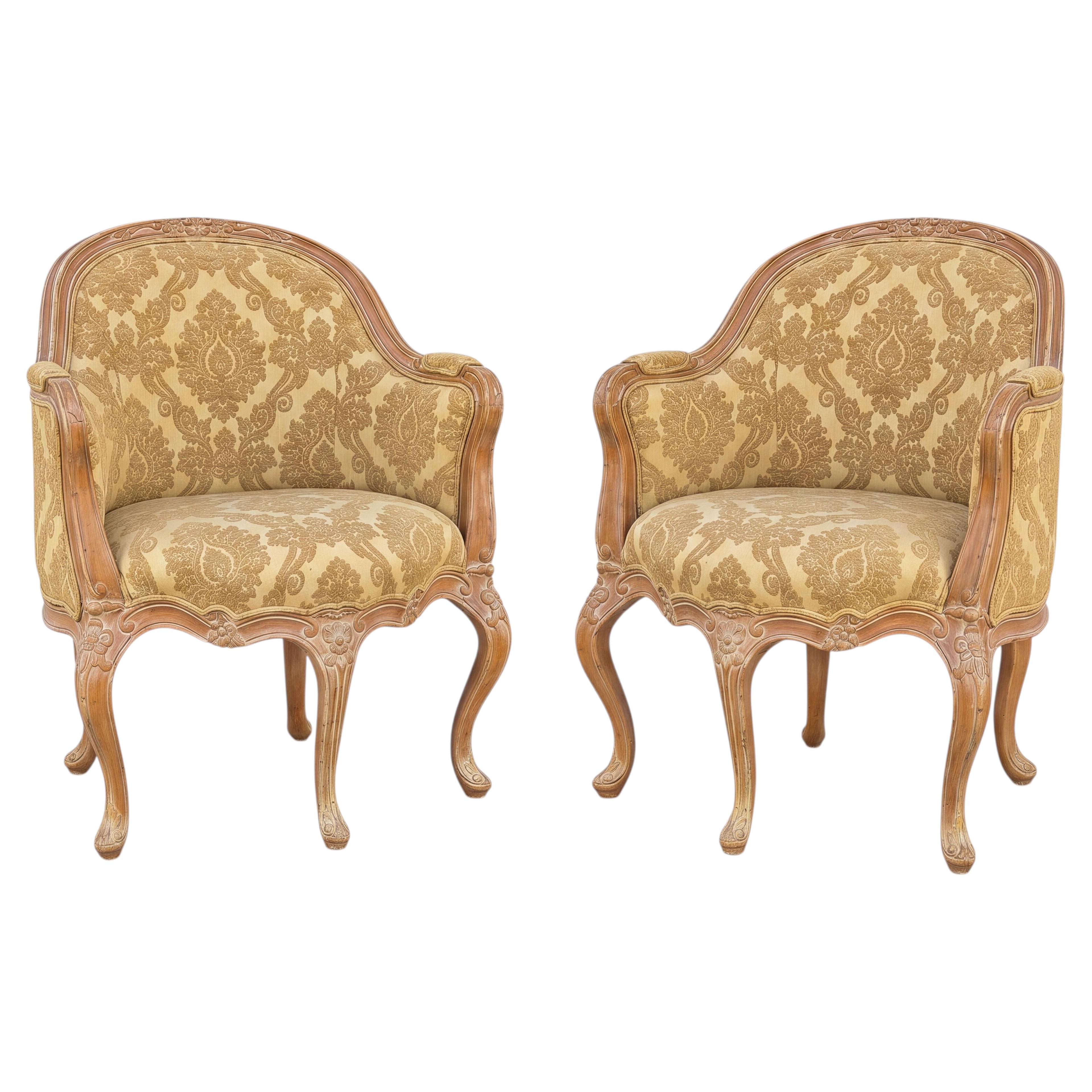 Italian Carved & Cerused Pine French Louis XV Style Bergere Chairs - Pair