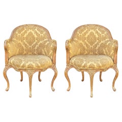 Italian Carved & Cerused Pine French Louis XV Style Barrel Chairs - Pair