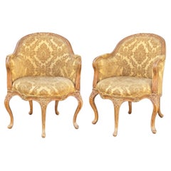 Italian Carved & Cerused Pine French Louis XV Style Barrel Chairs - Pair
