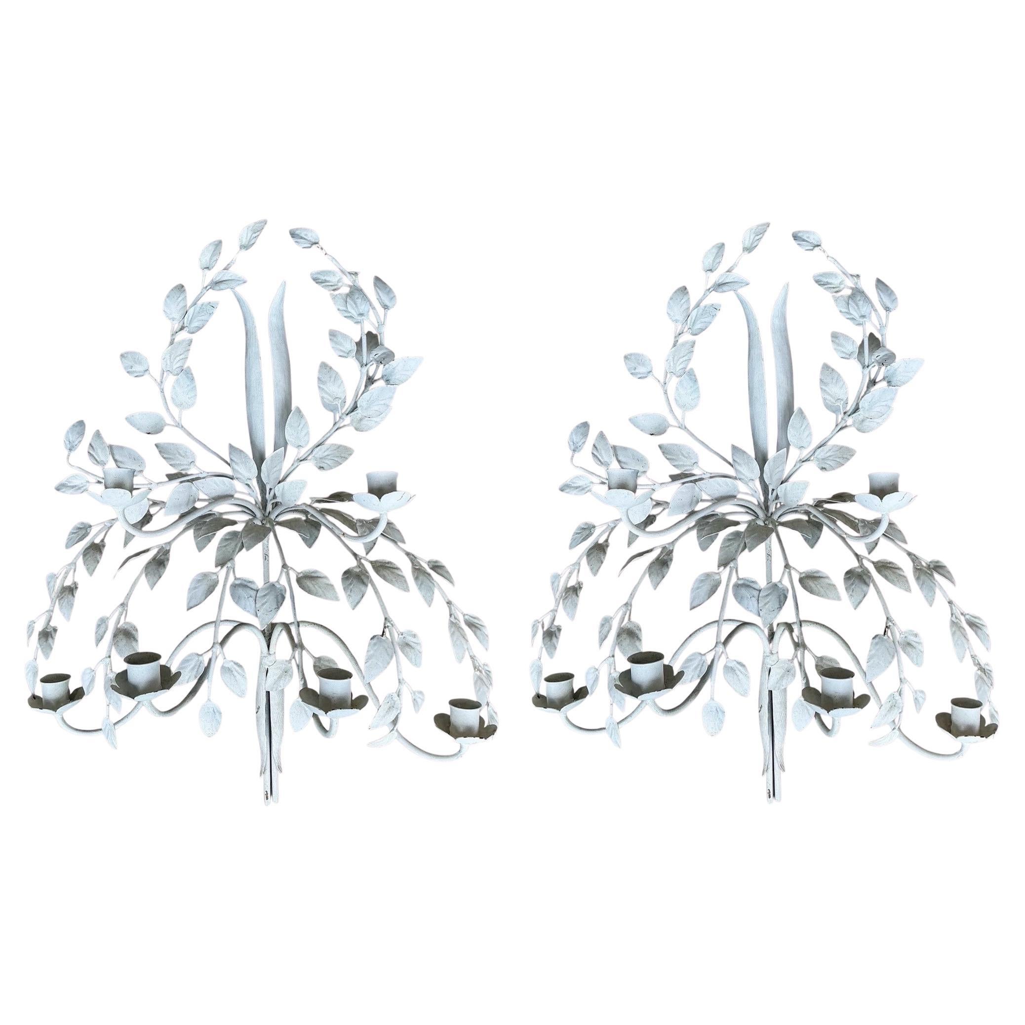Hollywood Regency Era White Tole Six Light Leaf Motif Metal Wall Sconces - Pair