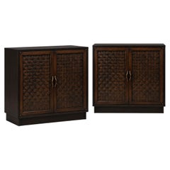 Mid-Century Modern Mahogany Basketweave Cabinets Tables Credenza - Pair