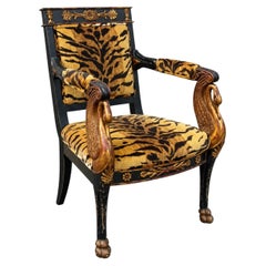 French Regency Style Ebonized Chair W/ Gilt Neo-Classical Swans & Tiger Velvet