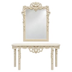 Hollywood Regency Italian Carved Ribbon Mirror & Stone Console Table