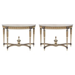 Italian Neo-Classic Maison Jansen Style Carved & Painted Console Tables - Pair