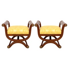 French Neo-Classical Style Fruitwood & Bronze Curule Benches / Ottomans - Pair