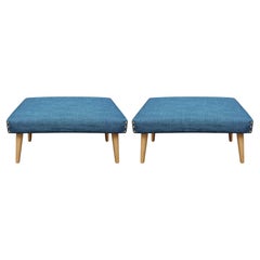 1960s Danish Modern Blue Upholstered Ottomans Footstools - Pair