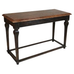 Rustic French Louis XV Style Pine Console Table W/ Leather Top